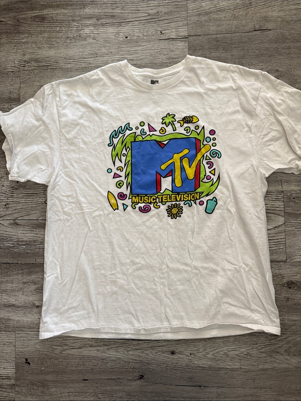 MTV White Tee with Blue and Yellow Logo and Neon Accents